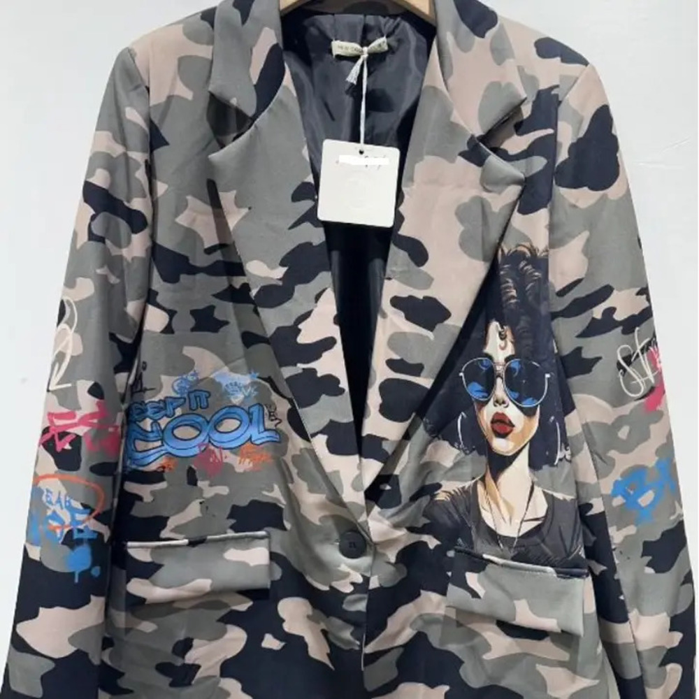 L915 Loowie Italian Disco Camo Printed Blazer Plus Size